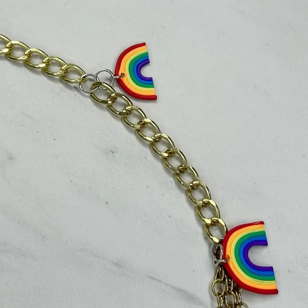 Rainbow Charm Gold and Silver Tone Chain Link Pants Chain